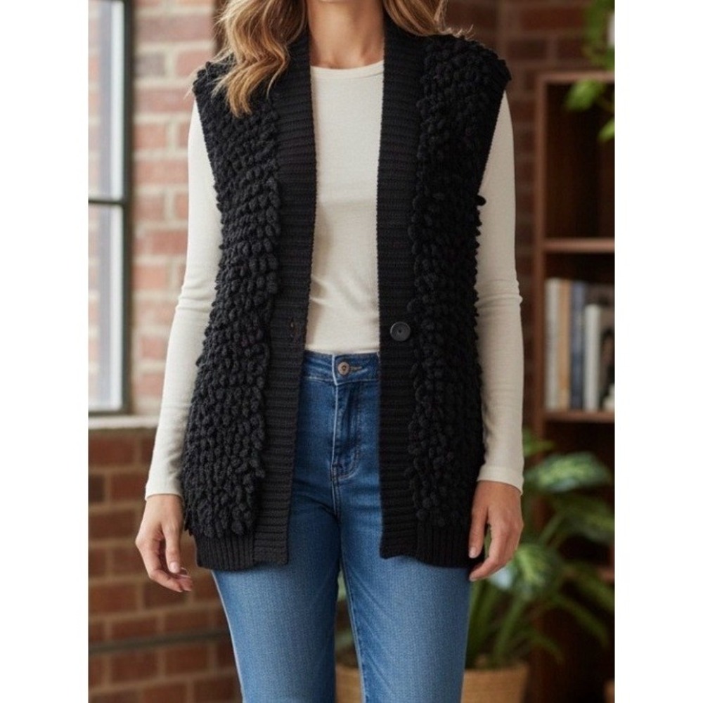 Rebecca Taylor Black Wool blend Textured Fringe Knit Sweater Vest Size Small